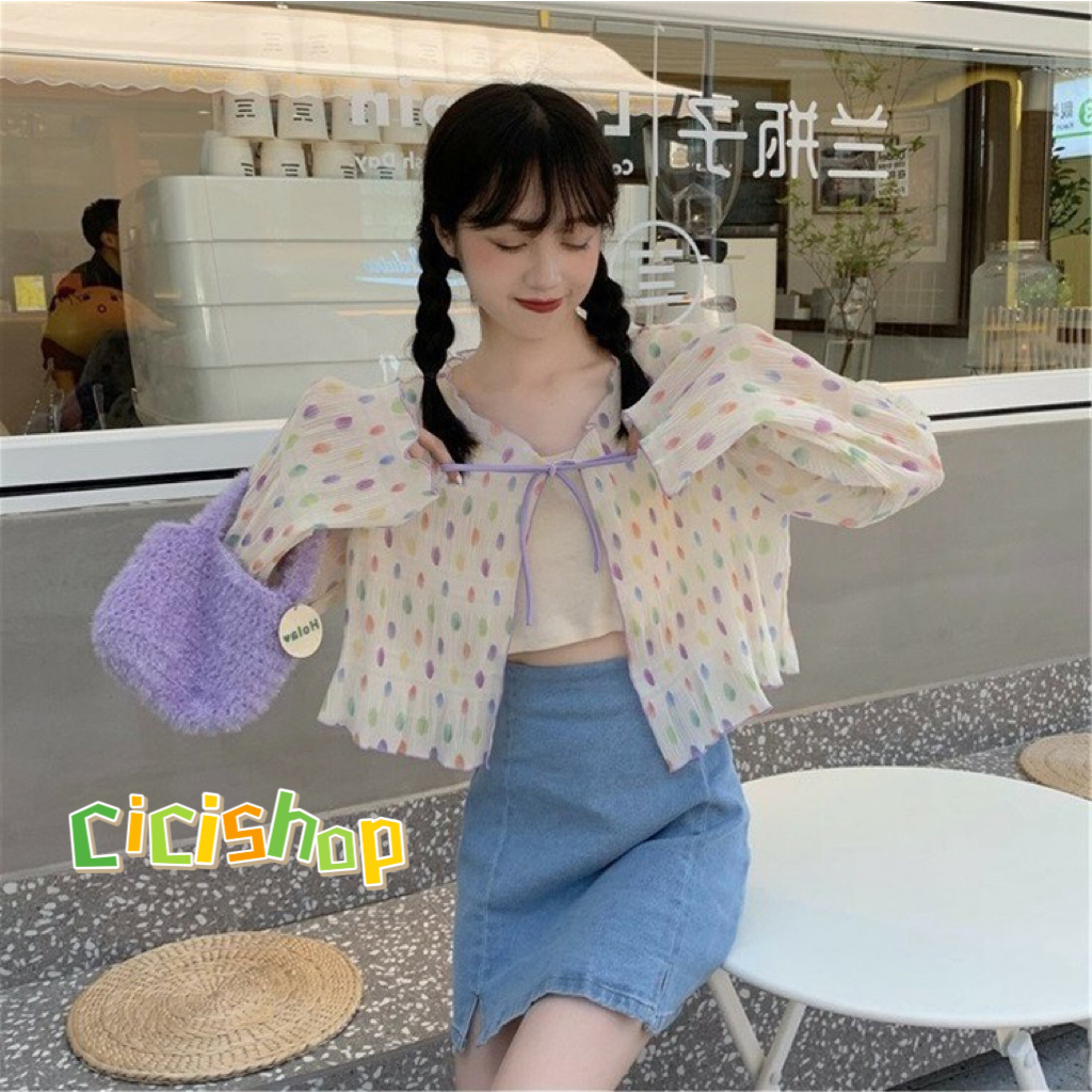Cicishop(J651)เสื้อคลุมแขนยาวลายจุด ดีเทลมีเชือกผูกตรงคอ น่ารักมาก