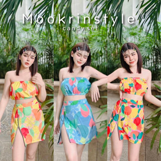 🍑Mookrinstyle🍑ชุดเซท2ชิ้น เกาะอก กับ กระโปรง ผ้าพิมพ์ลาย สีสดใส มินิเดรสไปทะเล ชุดสั้นใส่ไปเที่ยว ชุดเข้าเซท