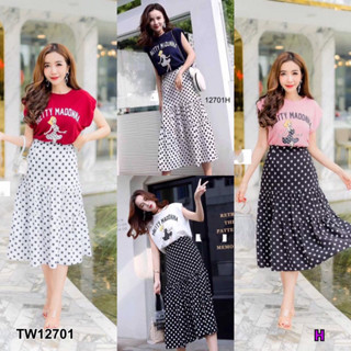 TwinsShopVip💗พร้อมส่ง TW12701 Set 2 ชิ้น เสื้อ + กระโปรงลายจุด