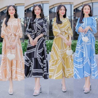 เดรสยาวแขนยาว 3 ส่วนแต่งระบายช่วงไหล่ กระโปรงทรงเอ สวยๆ แต่งชายระบาย มีเชือกผูกเอว