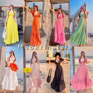 🍑Mookrinstyle🍑เดรสยาวคอวี เว้าหลัง โชว์หลัง แขนสม้อค เดรสไปทะเล ชุดไปทะเล แม็กซี่เดรส summer dress