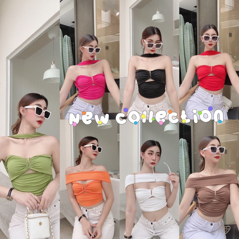 พร้อมส่ง เสื้อครอปคล้องคอ เสื้อเกาะอกปาดไหล่ ใส่ได้หลายแบบ ผ้านิ่มใส่สบาย สีสันสดใส เสื้อปาดไหล่แขน เสื้อครอป