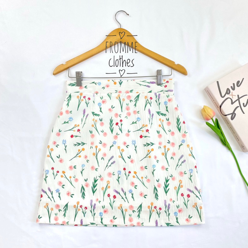 Frommeclothes กระโปรงทรงเอผ้าเปลือกไม้พิมลายดอก(XS-5XL)