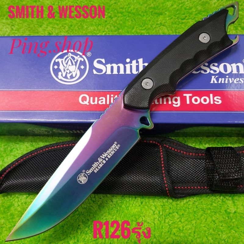 มีด มีดพก มีดเดินป่า มีดพกใบตาย มีดพกเดินป่า Smith&Wesson รุ่น R126รุ้ง ใบมีดสีไทเท