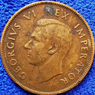 เหรียญ​อัฟริกา​ใต้​ South​ Africa​ (ยุค​อาณานิคม​อังกฤษ​ George​ VI), 1 Penny, #​0398, ใช้แล้ว