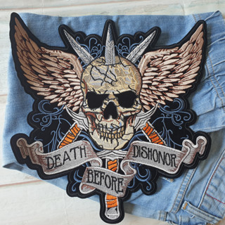 อาร์มปัก แผ่นรีดติดเสื้อ หัวกะโหลก ตัวรีดติดเสื้อ ขนาดใหญ่ สไตล์ Biker Embroidered Skull Iron on Patch