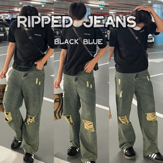 ‼️พร้อมส่ง🍻Ripped Jeans (สี Black Blue) กางเกงยีนส์ทรงกระบอกใหญ่แต่งขาด