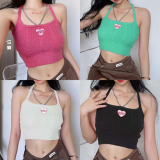 พร้อมส่ง เสื้อกล้าม เสื้อสายเดี่ยวไหมพรม ดีเทลแต่งสายโซ่ห้อยคอ แก๋ๆ สีน่ารักมาก A026