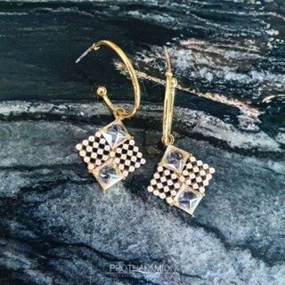 Square Crystal Pearl 925 Sterling Sliver Earrings ต่างหู ตุ้มหู มุก คริสตัล ก้านเงิน คนแพ้ง่าย ไม่แพ้