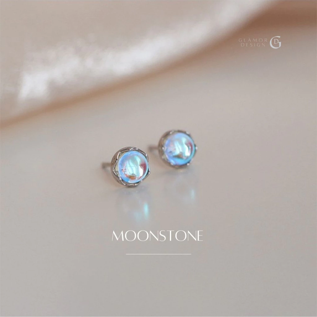 GLAMOR✨ต่างหูพลอย Moonstone ต่างหูเงินแท้ ต่างหูแฟชั่น ตุ้มหูเงินแท้ ต่างหูเงิน จิวเงินแท้