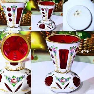 แจกันแก้วคริสตัล Bohemia เพ้นท์มือ ขอบทองสวย Bohemian Cased Glass Hand Painted Vase White cut to Cranberry