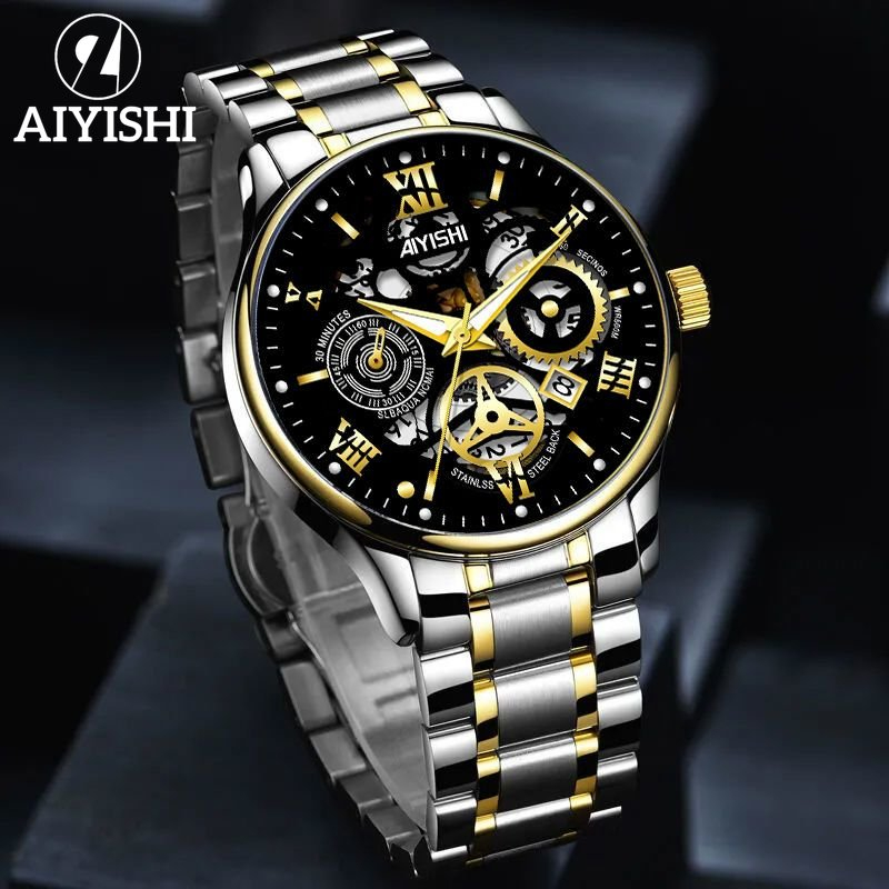 AIYISHI นาฬิกาผู้ชายสไตล์ใหม่สแตนเลสกลวงกันน้ำธุรกิจแฟชั่นผู้ชายสบายนาฬิกากีฬา