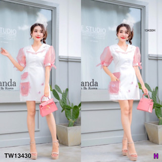 MM13430 เดรสคอปก แขนพองผ้าแก้วซีทรู สีทูโทน ติดคัวแต่งผีเสื้อ Collared dress, blistered sleeves, see-through glass fabri