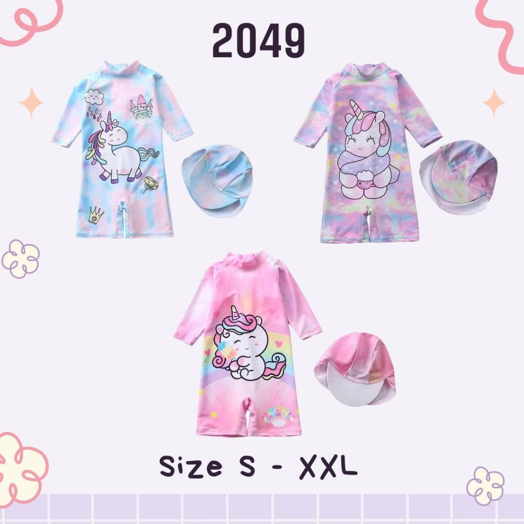 Pakpro #2049 ชุดว่ายน้ำเด็กผู้หญิงสีมัดย้อมสกรีนลายการ์ตูนพร้อมหมวก