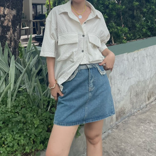 TIMMY DENIM SKIRT กระโปรงยีนส์ ทรงเอ แต่งขอบรุ่ย