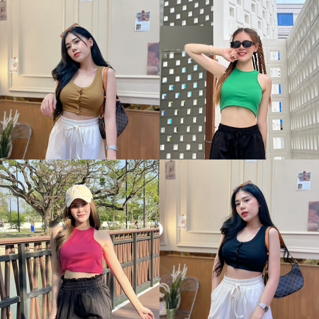 SpinnyHouse เสื้อกล้ามครอป แขนกุด เสื้อสายฝอ ครอปกล้าม ผ้าร่องเนื้อนุ่มมาก บันได O101A yamong P201D