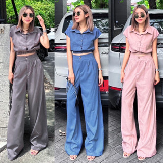 Yunaka ชุดเซ็ต 2 ชิ้น เซทเสื้อเชิ้ตครอปจั๊มเอว แขนล้ำ อก 36” Crop Top Linen Set กางเกงขายาว ทรงกระบอกใหญ่ เอว 24-32”