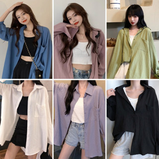 ล้างสต็อก🔥 PB496 เสื้อเชิ้ตคอปกแขนยาวผู้หญิงสีทึบเรียบง่ายแบ…