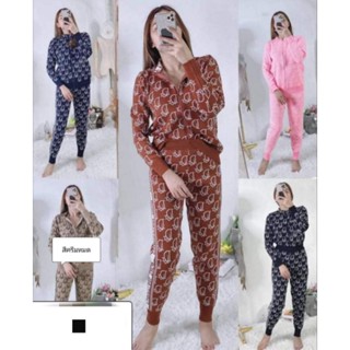 พร้อมส่ง ชุดเซ็ทไหมพรมเสื้อไหมพรมแขนยาวมีซิปหน้า + กางเกงขายาวงานสวยดูแพงใส่สบาย