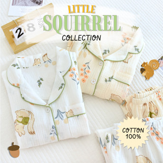 [ชุดนอน Cotton100%]  ชุดนอนลาย Little Squirrel 🐿️🍂 งานเกาหลี แขนยาว-ขายาว ผ้าดี ใส่สบาย Free-size