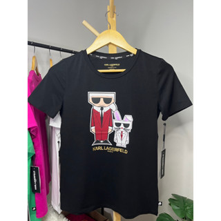 เสื้อยืดKarl lagerfeld " Karl เสื้อยืดหญิงสกรีนลุงคู่กระต่าย ดำ XS"งานKarl  lagerfeld แท้100%