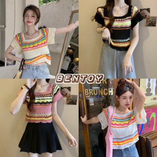 Bentoy(R023)เสื้อแขนสั้นไหมพรม สีรุ้ง  ลายทาง เซ็กซี่ น่ารัก