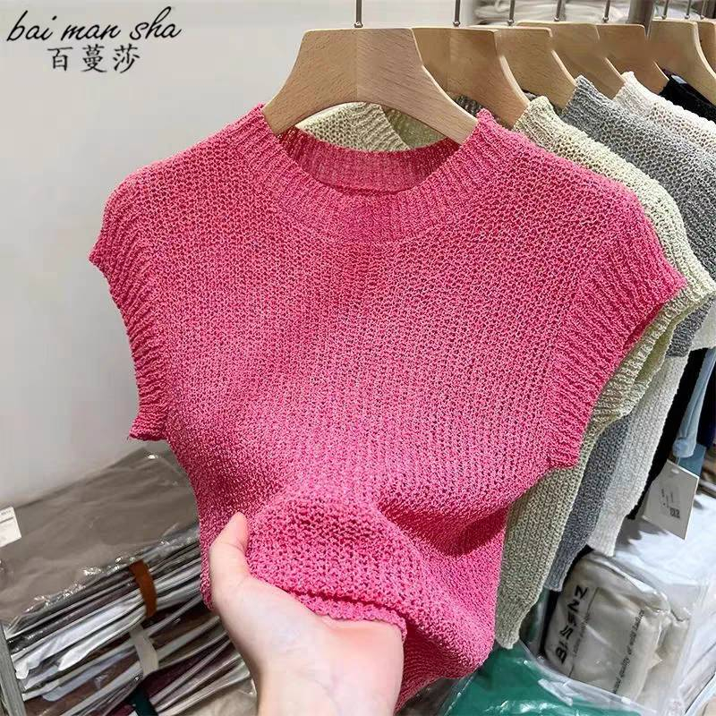 Fairy style เสื้อไหมพรม แขนสั้น ผ้าถักแบบบางเข้ารูป ใส่สบาย สไตล์ฝรั่งเศส #W6651