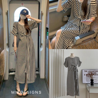 🌈🌿🌸🌼🌺🧡🤎🇰🇷 Cotton Stripe Doll Sleeve Twist Maxi Dress