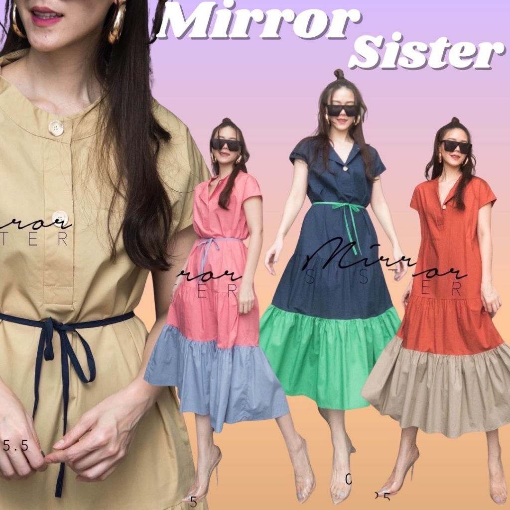 Mirrorsister​ 00825.5 เดรสตัวยาวทรงน่ารัก คอจีนผ่าหน้าแต่งกระดุม2เม็ด ช่วงชายระบายแต่งสลับสี2โทน มาพร้อมสายผูกเอว