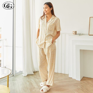 G&amp;G Nightwear รุ่น EN6P07 ชุดนอน เสื้อแขนสั้นคอปก + กางเกงขายาว สี CR ชุดนอน Spun Rayon ลายดอกไม้