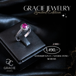 แหวนพลอยแท้ Gracie Jewelry ตัวเรือนเงินแท้ชุบทองคำขาว พลอยทับทิม (Ruby) 0.75 ct. / เพทายแท้ (Natural Stone)