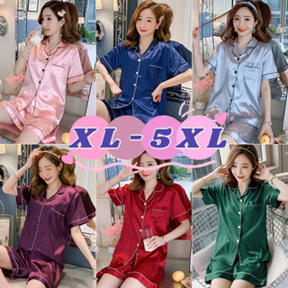 🎀5XL🎀ชุดนอนผู้หญิงผ้าซา ตินชุดนอนเซ็กซี่สาว ชุดนอนสาวอวบ ใหญ่ซาติน ผ้านุ่ม แขนสั้น+กางเกงขาสั้น