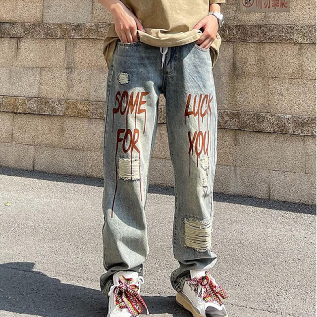 กางเกงยีนส์ทรงกระบอก luck jeans กางเกงยีนส์ กางเกงy2k สตรีท เสื้อผ้าแฟชั่น