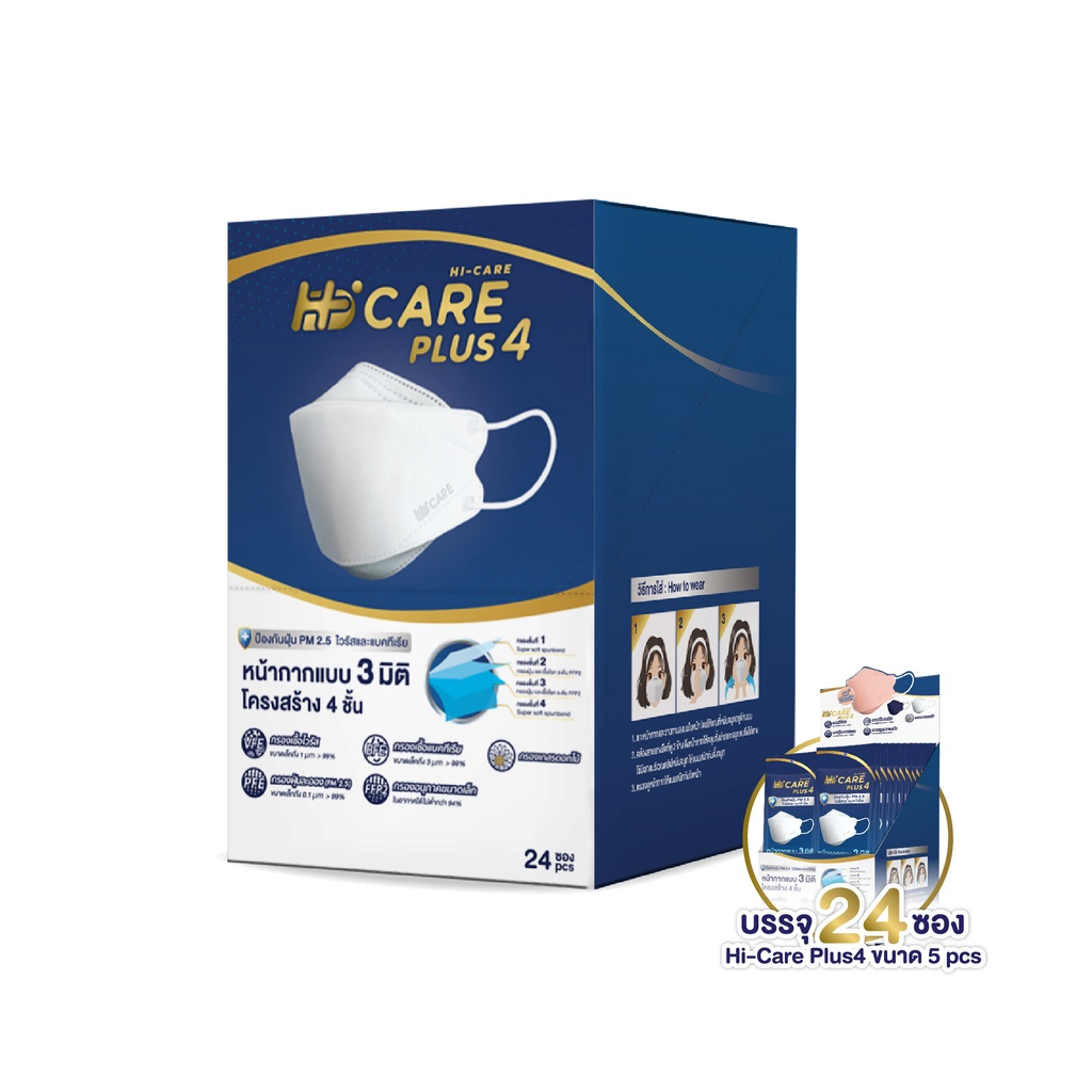 Hi-Care PLUS4 หน้ากากแบบ 3 มิติ หนาพิเศษ แผ่นกรอง 4 ชั้นชนิดคล้องหู 1กล่องบรรจุ24ซอง [ซองละ 5 ชิ้น]