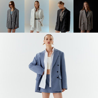 (พรี10วัน สีน้ำตาลลายทาง,ขาว,ดำลายทาง)STUDIO UNKNOWN - Dakota Oversized Blazer เบลเซอร์6กระดุม พร้อมสายคาด