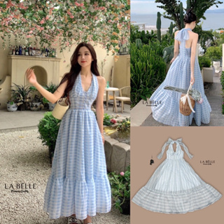 ♥️ M7 LABELLE Maxi dress เดรสยาว แต่งสายผูกโบว์ที่คอ ลายตารางริ้ว สีขาวฟ้า ไซส์ S-XL สำหรับผู้หญิง