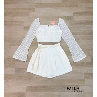 WILA:SETเสื้องานลูกไม้ฉลุ+กางเกง+เชือกถักผูกเอว(*สอบถามสต๊อกก่อนกดสั่งน๊า)