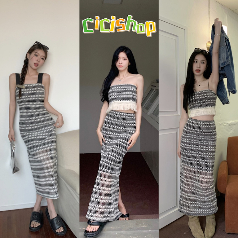 Cicishop(D108/D1017/D0126)เดรส/Setสายเดี่ยว/เกาะอกผ้าปักลายด้าย ซิปหลัง แต่งพู่ชายระบาย สไตล์โบฮีเมียน