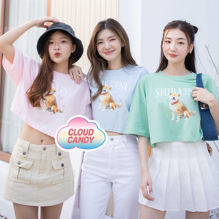 Cloudcandy เสื้อครอป เอวลอย CROP Oversize แขนสั้น คอกลม ผ้าคอตตอน สกรีนลาย SHIBA 🎀