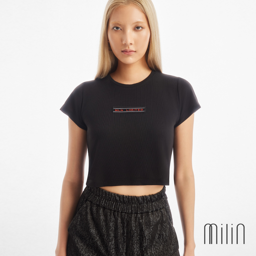 [MILIN] Morale Relaxed fit with embroidered label short sleeves Crop T-Shirt เสื้อยืดแขนสั้นคอกลมทรงครอป
