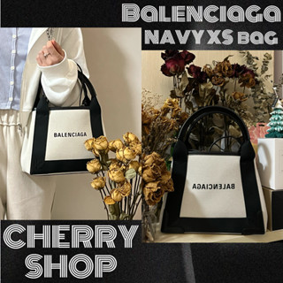 🍒บาเลนเซียก้า Balenciaga NAVY Plus Small Tote กระเป๋าถือ ผ้าแคนวาสสีเบจอ่อนและกระเป๋าถือสุภาพสตรีหนังลูกวัวสีดำ