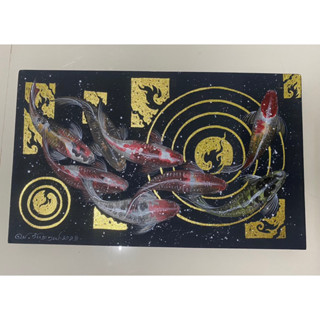 ภาพวาดปลาคราฟ 8 ตัว ภาพปลามงคล วาดมือ สีอะครีลิค แปะทองคำเปลว ขนาด 30*50