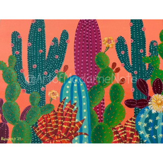 ภาพวาด ตกแต่งผนัง ภาพวาดสีอะคริลิค “Cactus Wonderland no.1” ตกแต่งบ้าน