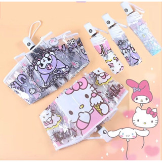 💖พร้อมส่งไทย💚💚ใหม่ Kawaii Sanrio Hello Kitty Kuromi Cinnamoroll รูปอะนิเมะคู่มืออัตโนมัติสามพับร่มลมหนาใสร่มฝน [ฝน]