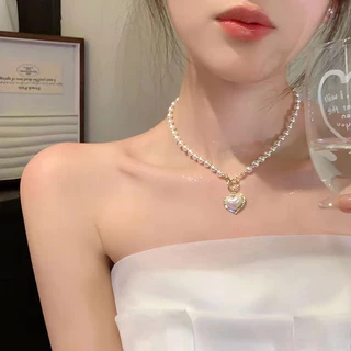สร้อยคอโชคเกอร์จี้หัวใจคริสตัลไข่มุกสไตล์ ประดับไข่มุก มีหลายชั้น แฟชั่นสําหรับผู้หญิง