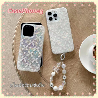 🍑CasePhoneg🍑สไตล์สร้อยข้อมือ ป้องกันการหล่น 11 14 pro max โบว์หูกระต่าย สีขาว เส้นขอบโปร่งใส case for iPhone 12 13