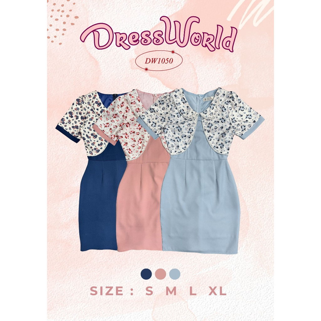 {S-XL} 1050 งานป้าย Dress World ชุดเดรสสั้นคอบัว แต่งกั๊กลายดอก แต่งมุก น่ารักฝุดๆ เลยจ้าา