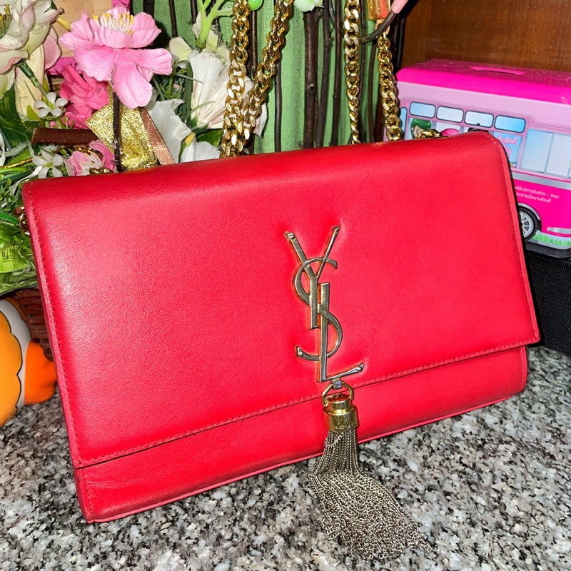 กระเป๋าสะพายหนังแท้สายโซ่ทอง YSL 9” สีแดง(สินค้าในไลฟ์สด)
