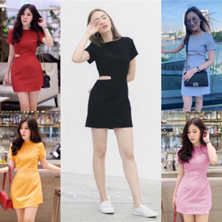 8942 Dress ชุดเดรสคอกลม แขนสั้นสีพื้นผ้าซ่าร่า น่ารัก คุณหนู สดใสสุดๆ ทรงน่ารัก เอวเว้า 1 ข้าง