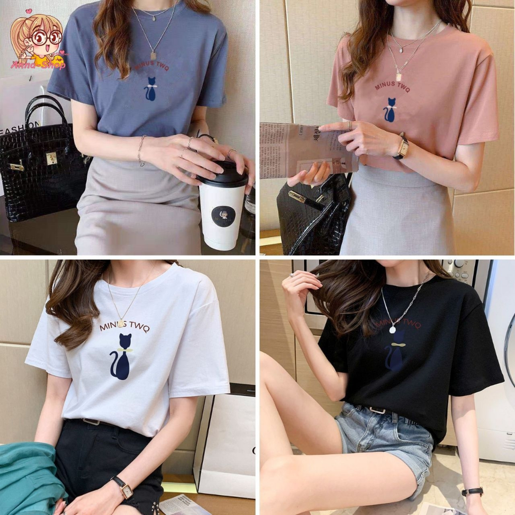 annacny เสื้อแฟชั่น คอกลมสกรีนลายน้องแมว เสื้อยืด สีพื้นพลาสเทล ราคาถูก พร้อมส่ง TS1034